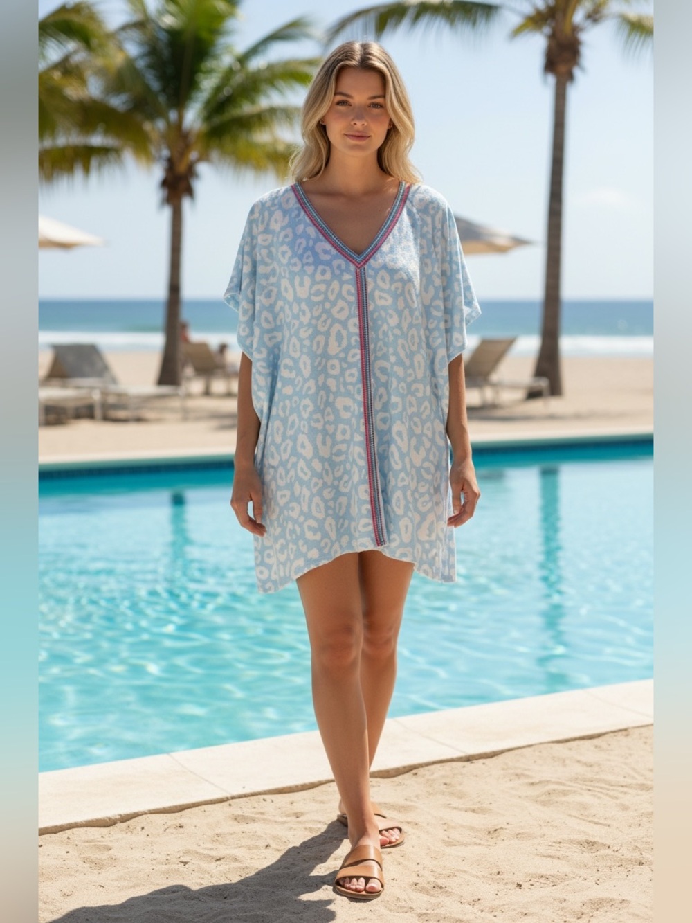 Pitusa Cheetah Terry Cloth Coverup in Light Blue, OS Petite